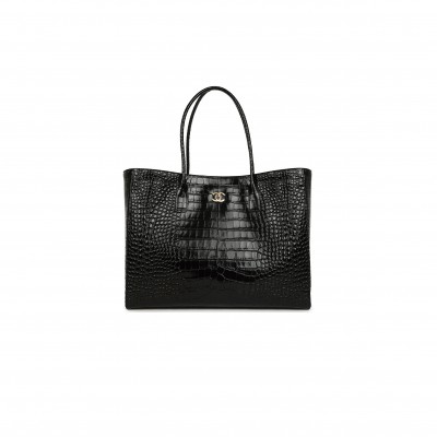 CHANEL LARGE CERF SHOPPING BAG BLACK CROCODILE EMBOSSED CALFSKIN GOLD HARDWARE AS6244 (47*31*15cm)
